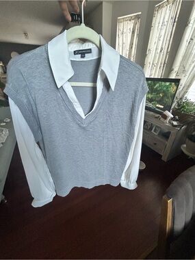 Classic Grey V-Neck Knit Vest with White Shirt Detail
